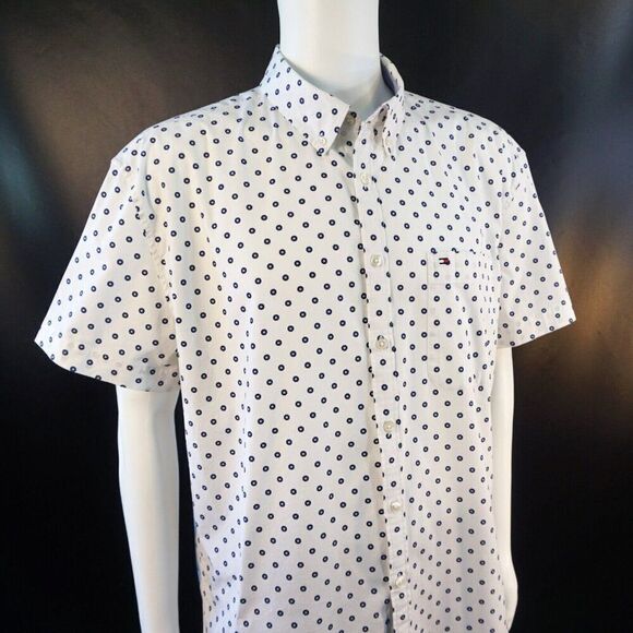 Tommy Hilfiger Mens XXL Shirt White Blue Abstract Print Slim Fit Short Sleeve - Picture 6 of 9